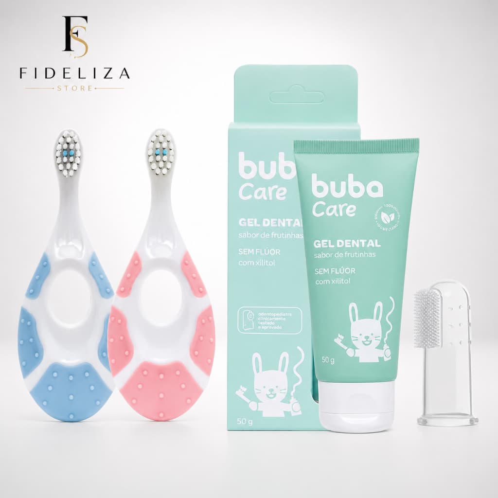 Kit Escova de Dente + Gel Dental Buba em Fluor 50g Higiene Bucal Bebe Menina ou Menino
