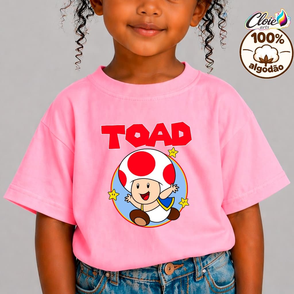 Camiseta Infantil 100% Algodão Mario Toad Reino Guardião Cogumelo Clássico Gamer Pequeno Smile Kidis Kingdom Minimalista
