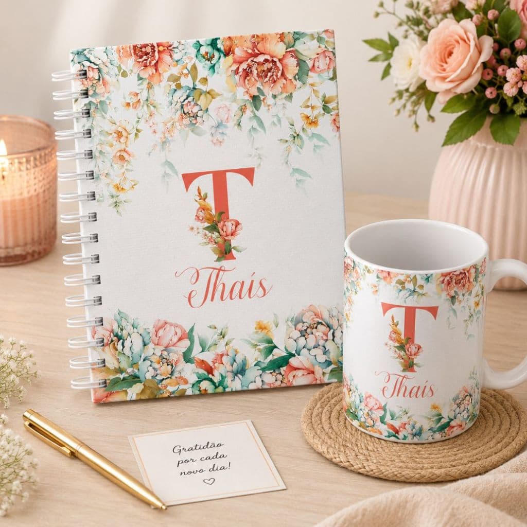 Caderno + Caneca FLORAL Capa Dura Tamanho A5 Personalizado 100 Folhas - 200 Páginas PRESENTE