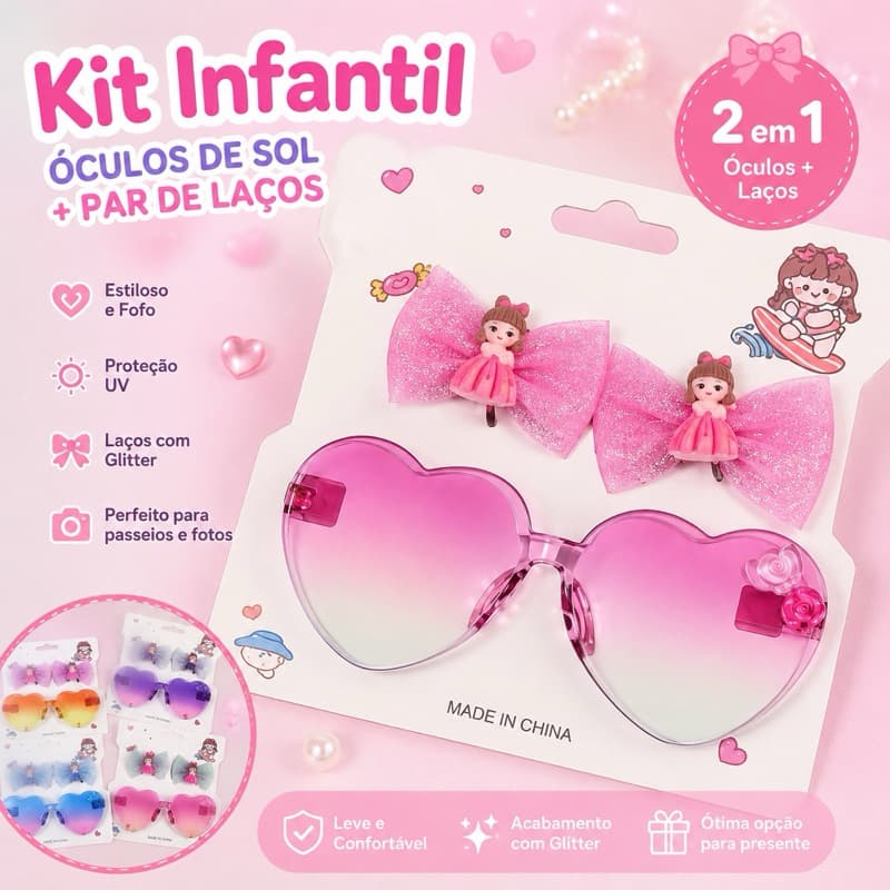 Kit Infantil Óculos de Sol Coração + Par de Laços com Glitter | Fashion Menina