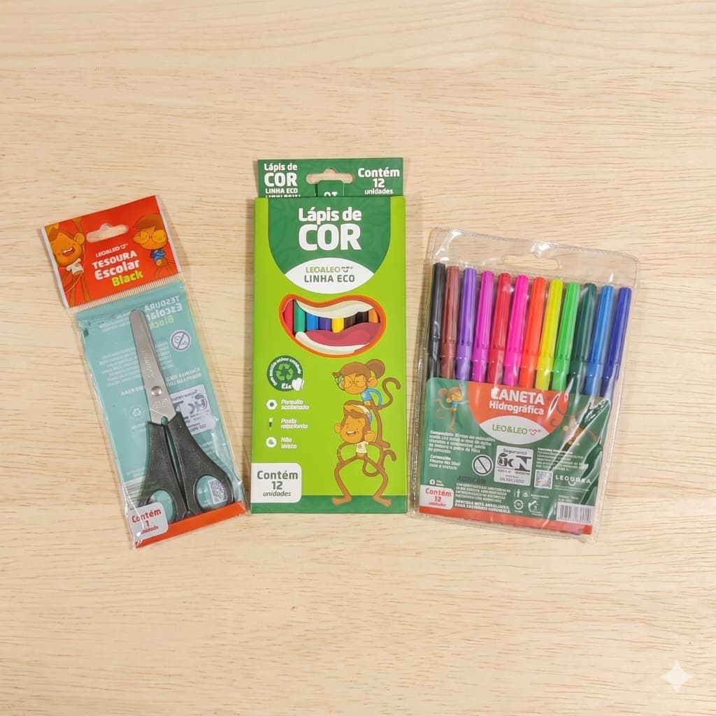 Kit Escolar Léo e Léo Completo Volta as Aulas - Canetinha Tesoura e Lápis 12 Cores