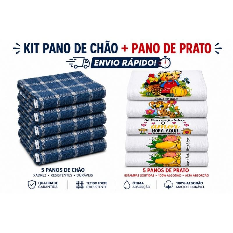Kit 5 Pano de Prato Decorado Premium+ 5 Pano de Chão Xadrez Grande 75x40