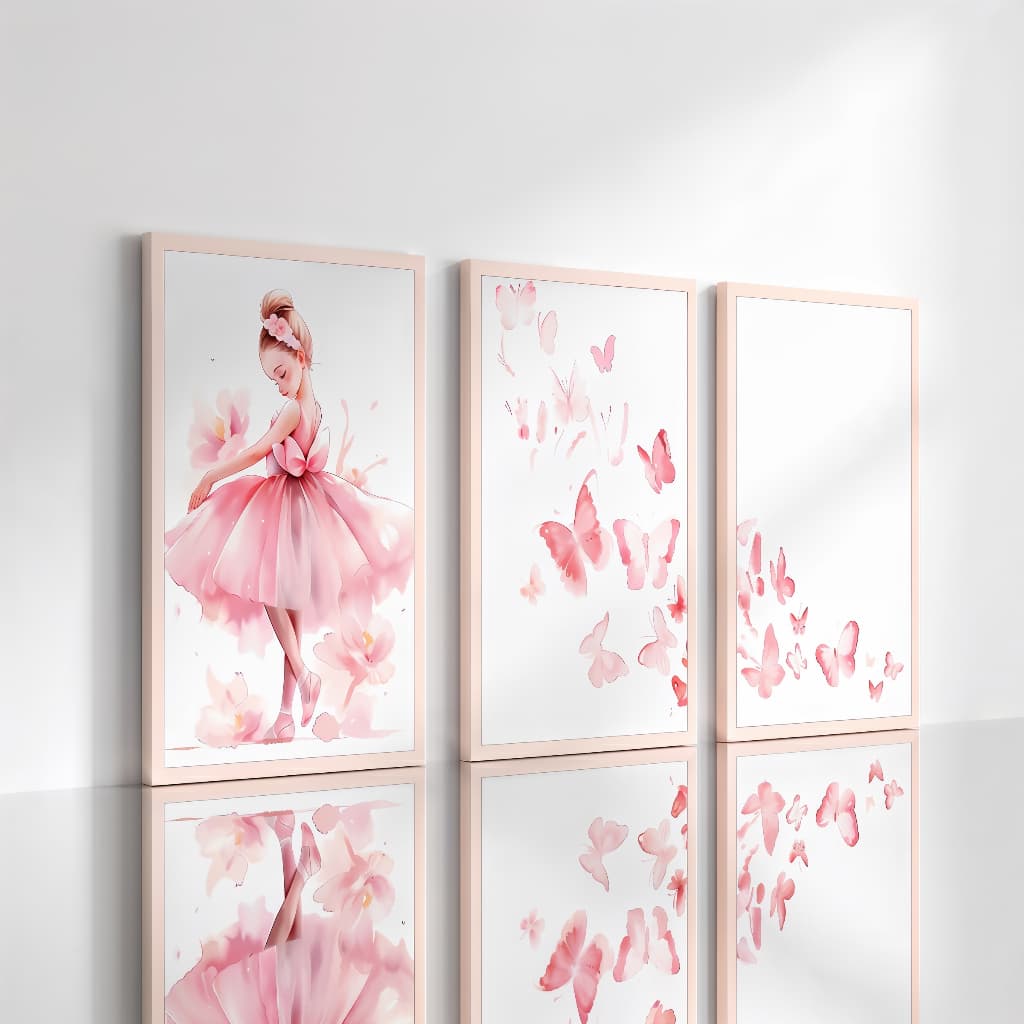 Quadro Decorativos 3 Peças Bailarina Borboletas Tons Rosas