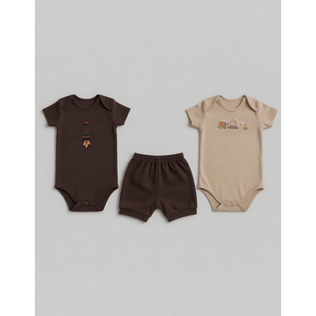 Kit 3 Peças Body e Mijão Bebê Algodão Infantil Menino Verão Estampas Sortidas