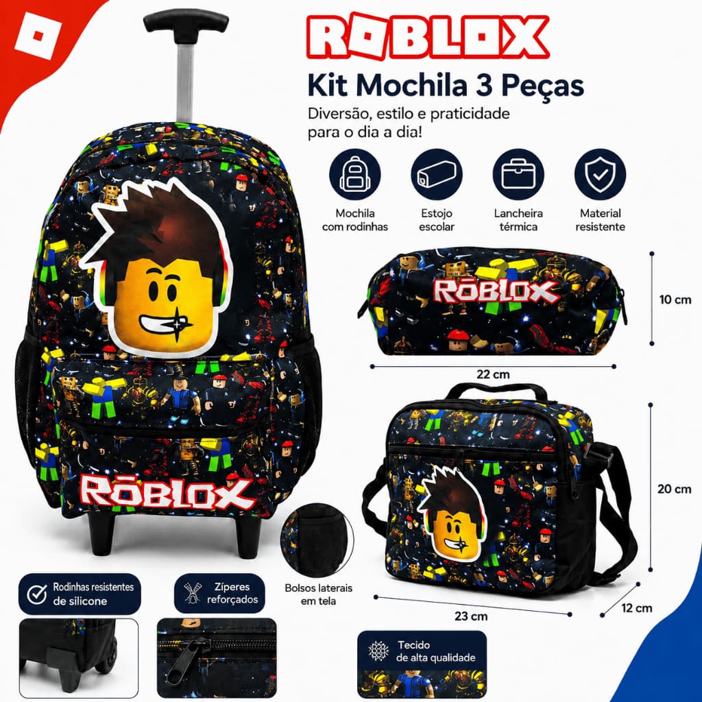MOCHILA ESCOLAR KIT CON 3 PECAS ROBLOX