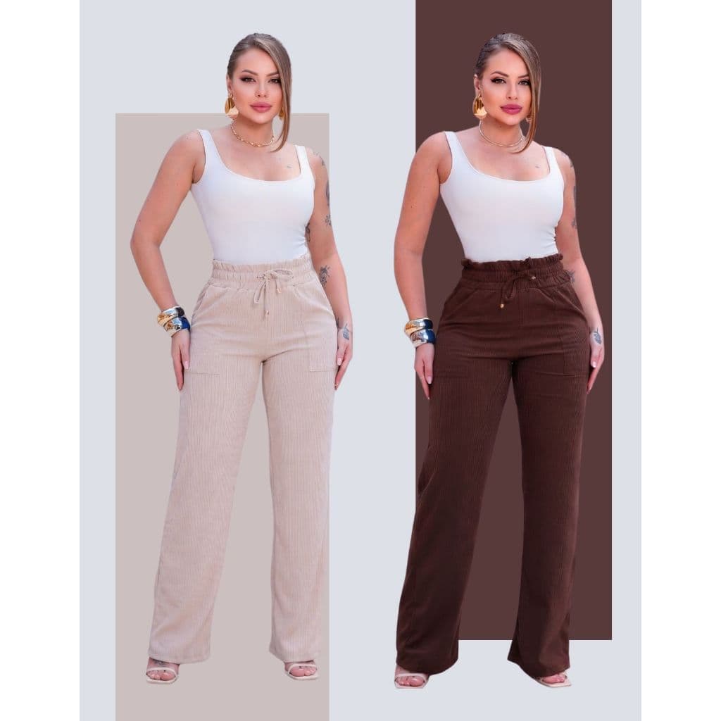 Kit 2 Calças Pantalona Feminino Canelada Premium Wide Leg Blogueira Com Bolsos Cintura Alta Cordão