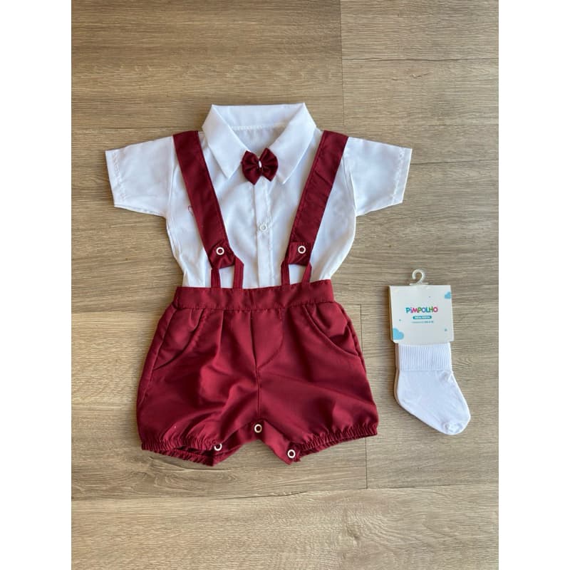 Conjunto Social Bebê Menino Camisa + Short Suspensório + Meia TAM RN Festa