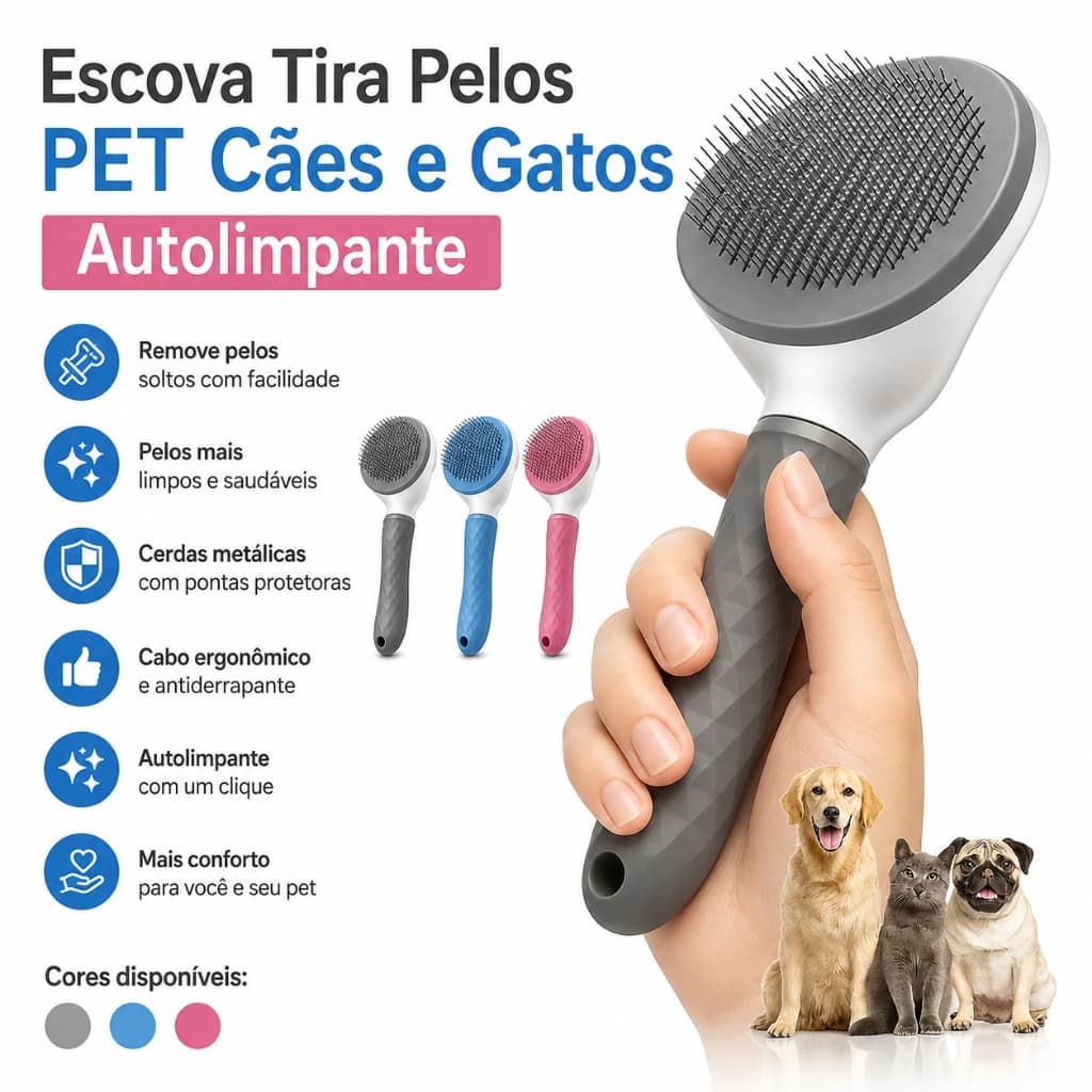 Escova Tira Pelos PET Cães e Gatos Autolimpante Profissional com Botão de Limpeza Cerdas Emcapadas