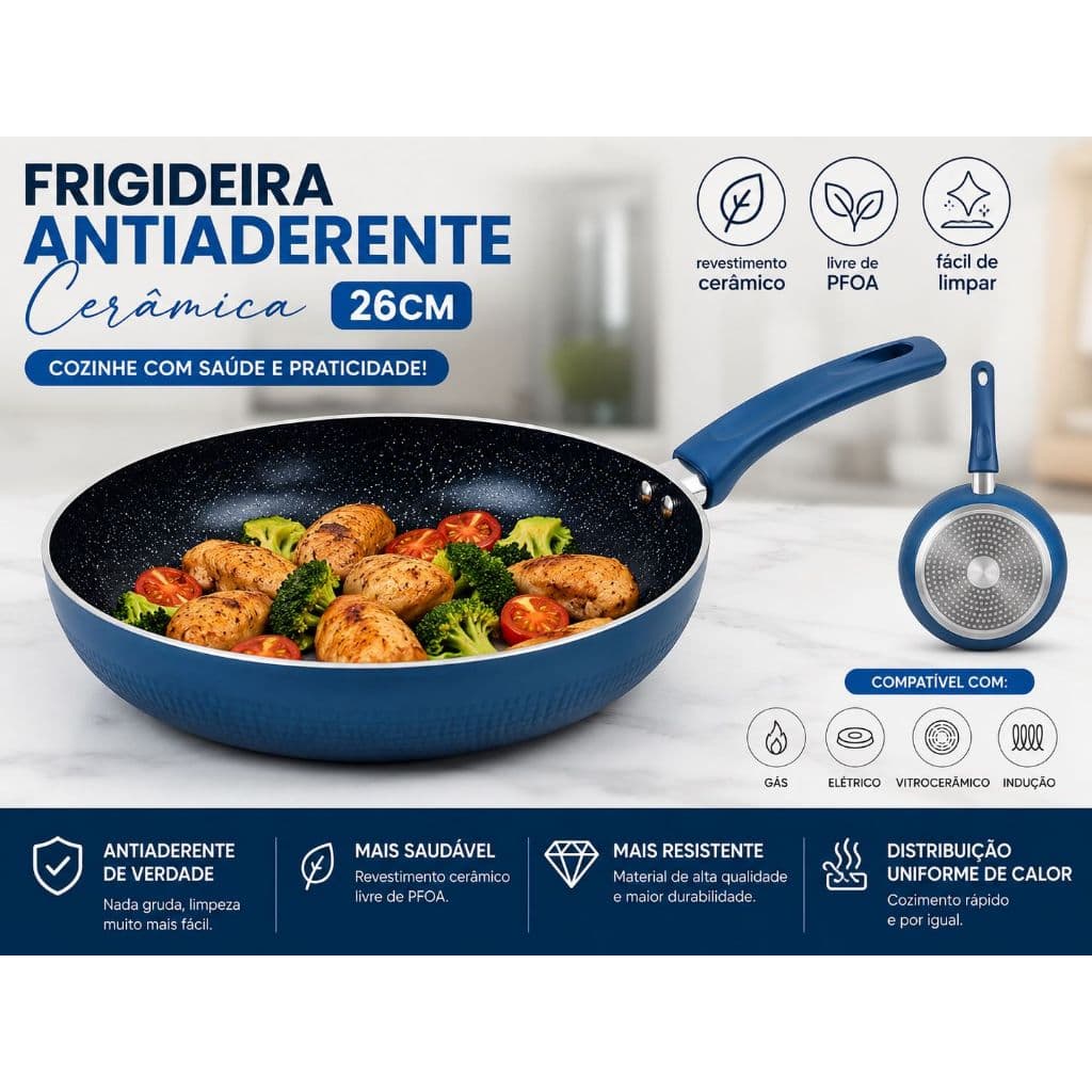 Frigideira Antiaderente Cerâmica 26cm Fratelli Max Chef Blue Azul | Compatível com Indução | Alumínio Reforçado