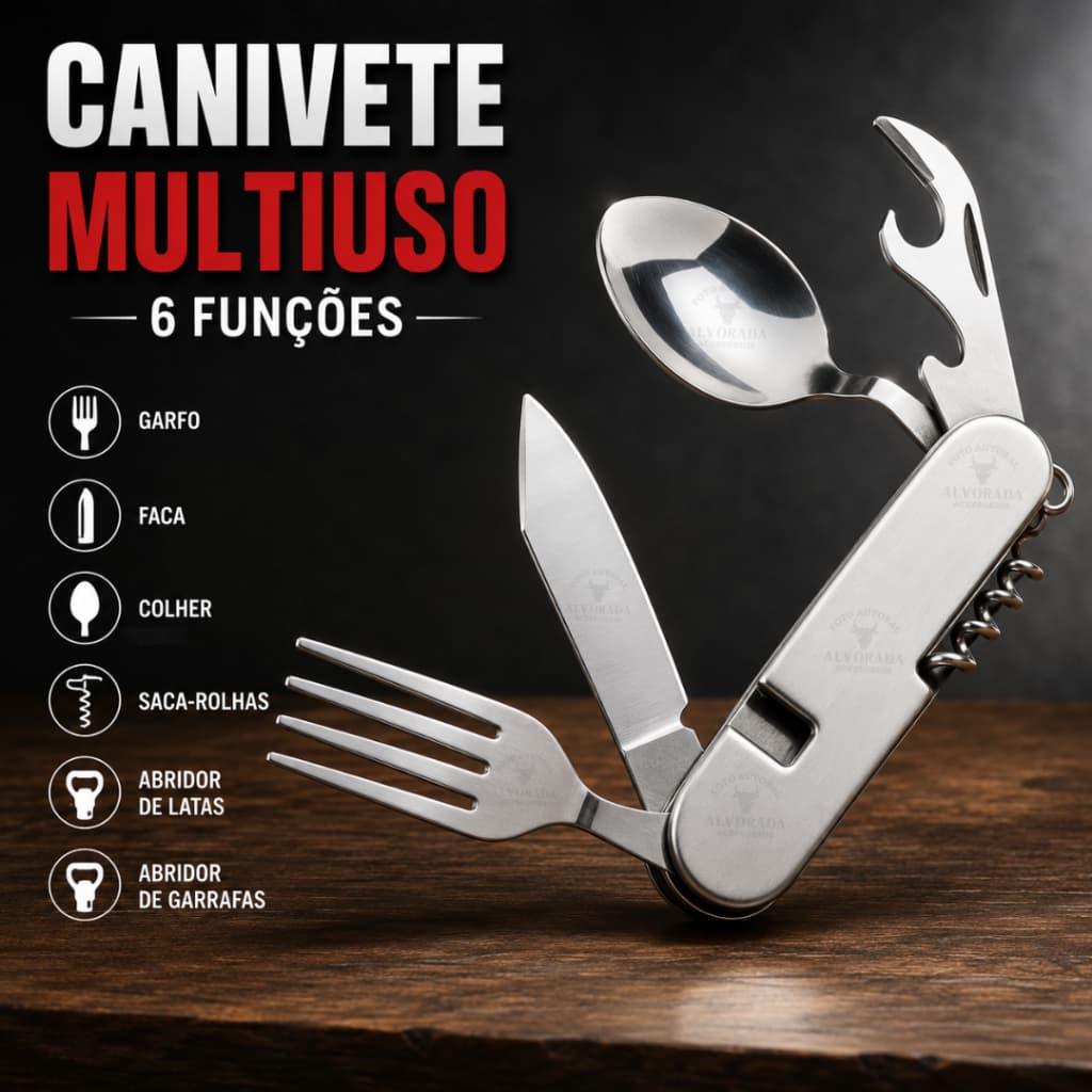 Canivete Garfo e colher Tático Portátil Multiuso 6 Funções em Aço Inox para Acampamento