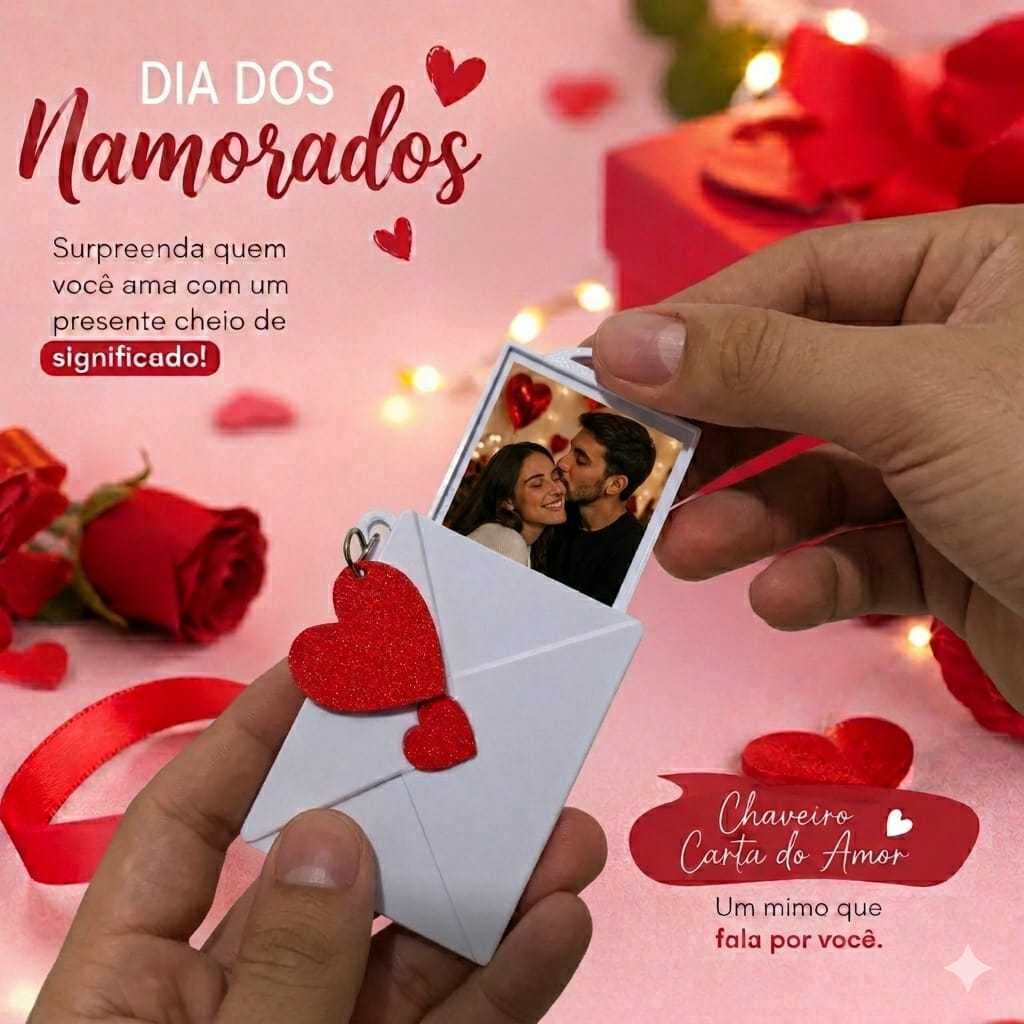 Chaveiro Carta com Foto Personalizada Casal Dia dos Namorados Presente Romântico que Abre com Foto