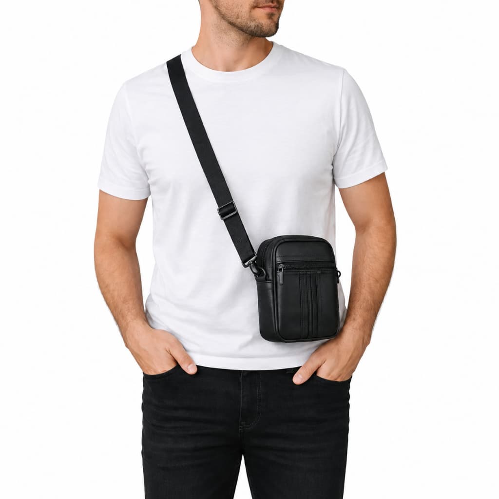 Bolsa Masculina de Ombro Pequena Tiracolo Porta Celular Documentos Couro Sintético