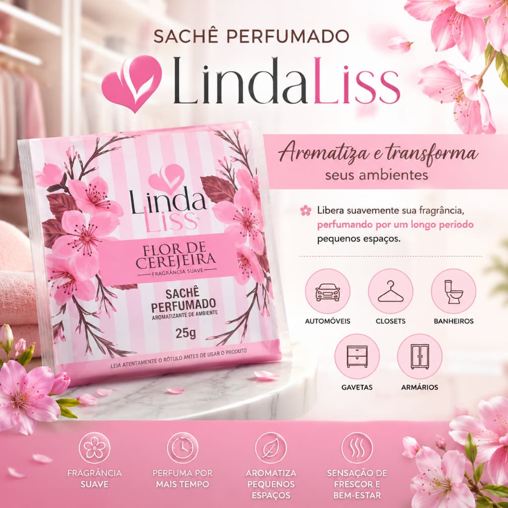 Sachê Perfumado Linda Liss Flor de Cerejeira 25g Aromatizante de Ambiente Fragrância Suave