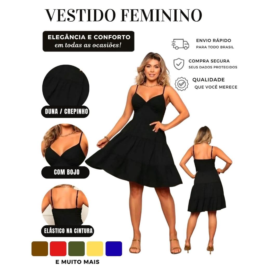 Vestido Feminino Curto Liso de Alcinha com Bojo, Forrado e Lastex nas Costas