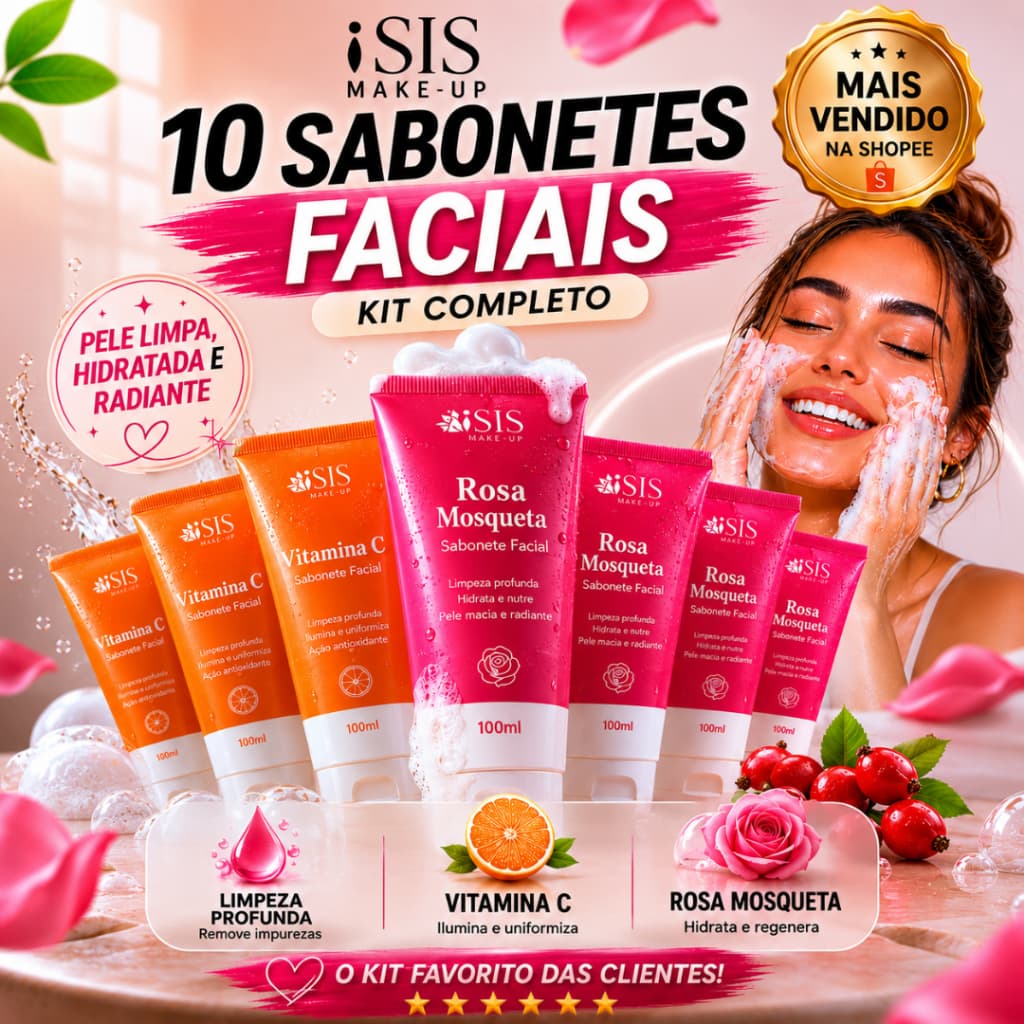 Kit com 10/ 4, unidades de Sabonete Líquido Facial Hidratante  Ácido Hialurônico Vitamina C Isis Make-Up