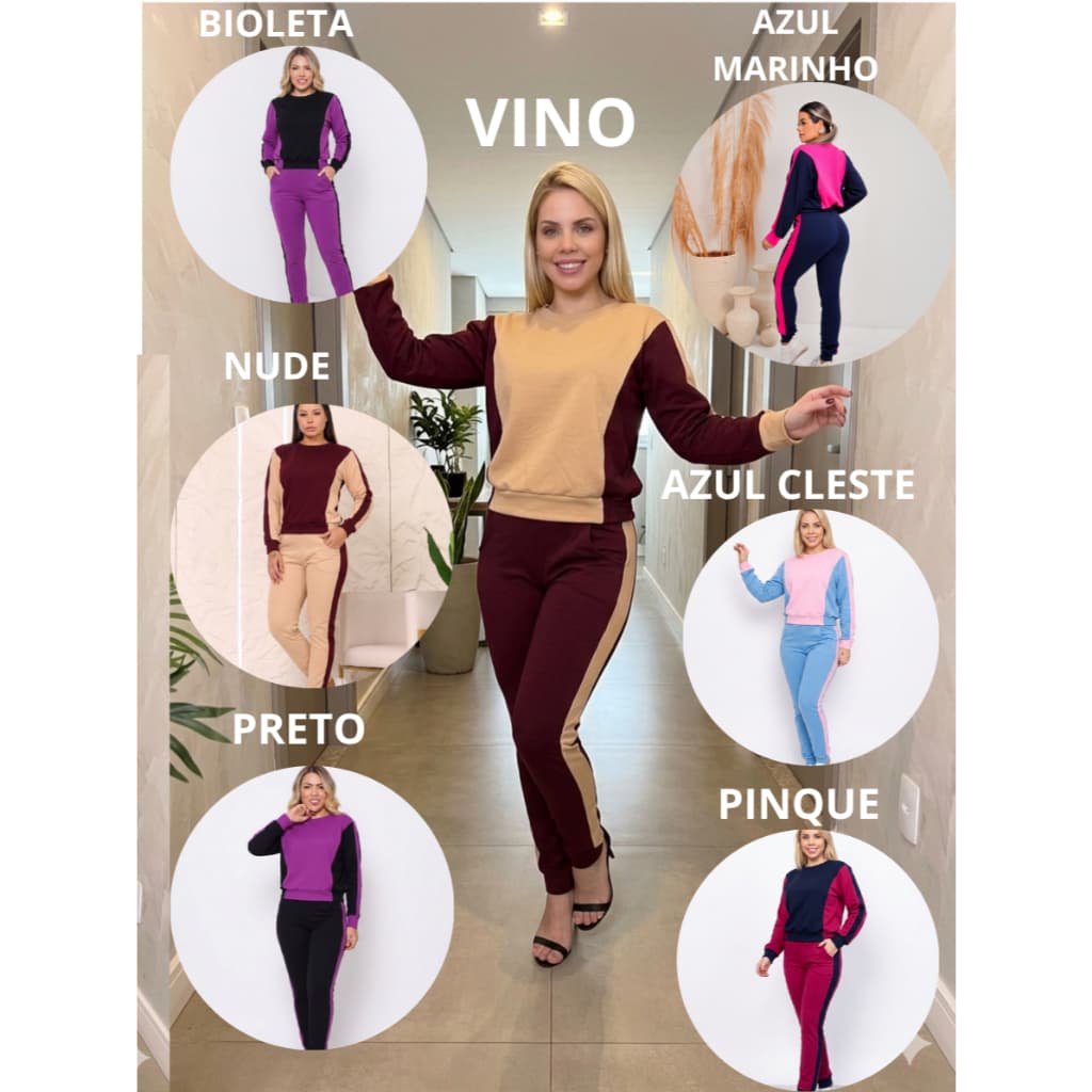 Conjunto Feminina Bicolor Combinado Malha  Crepe  Calça Blusa Elegante