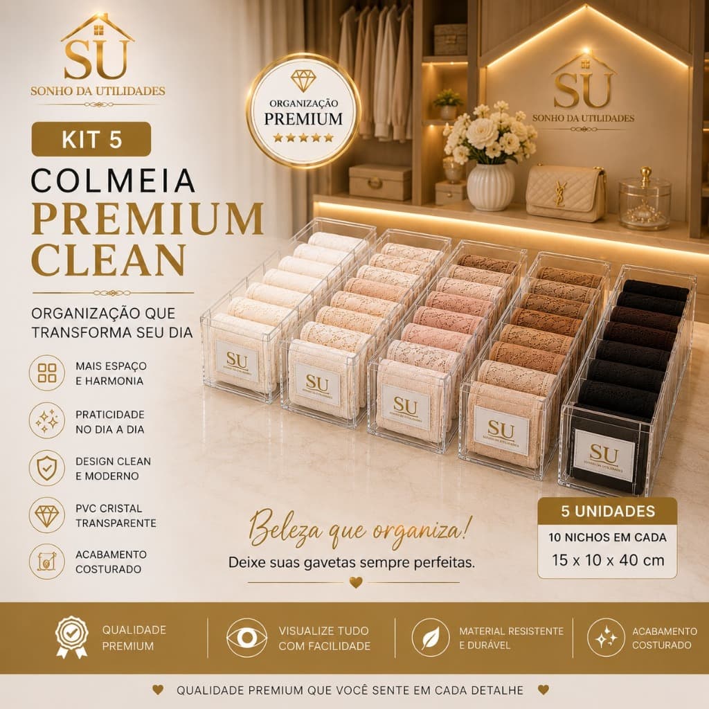 Kit 5 Colmeias Premium Clean P Special Luxo Transparente Organizador de Gaveta SU SONHO DA UTILIDADE