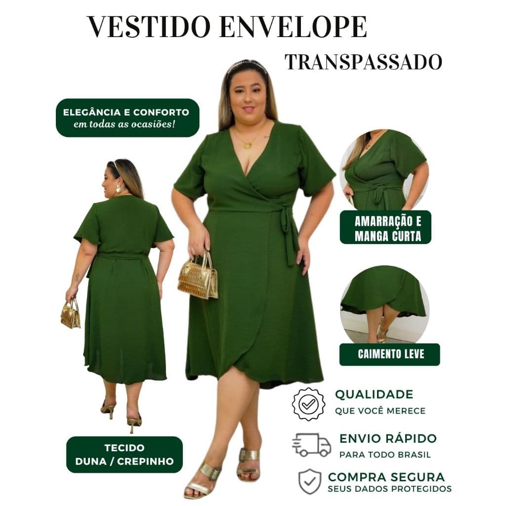 Vestido Plus Size Transpassado Envelope Manga Curta Soltinho e Forrado