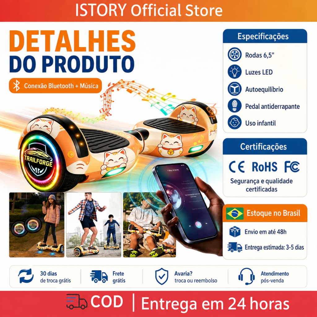 TRAILFORGE Hoverboard Infantil Novo Luzes LED Música Bluetooth Presente Aniversário Mais Vendido