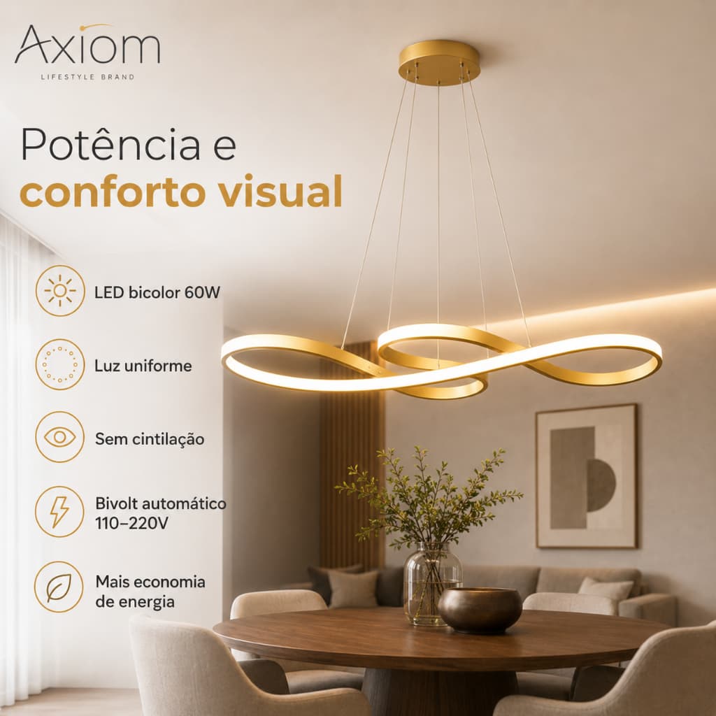 Lustre Pendente LED Moderno Axiom Curvo 60W Bivolt 2 Cores(Frio/Quente) Sala Jantar Mesa Teto