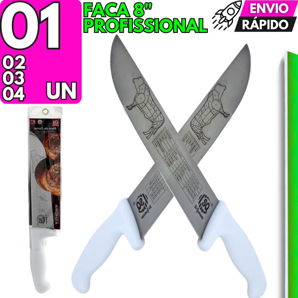 4/3/2/1 Faca Aço Inox Churrasqueiro Açougueiro 33cm 8 Polegadas Afiada Restaurante Carne Açougue