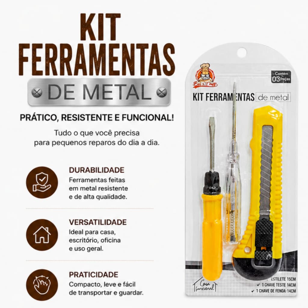 Kit Ferramentas de Metal 3 Peças com Estilete Chave de Fenda e Chave Teste Multiuso