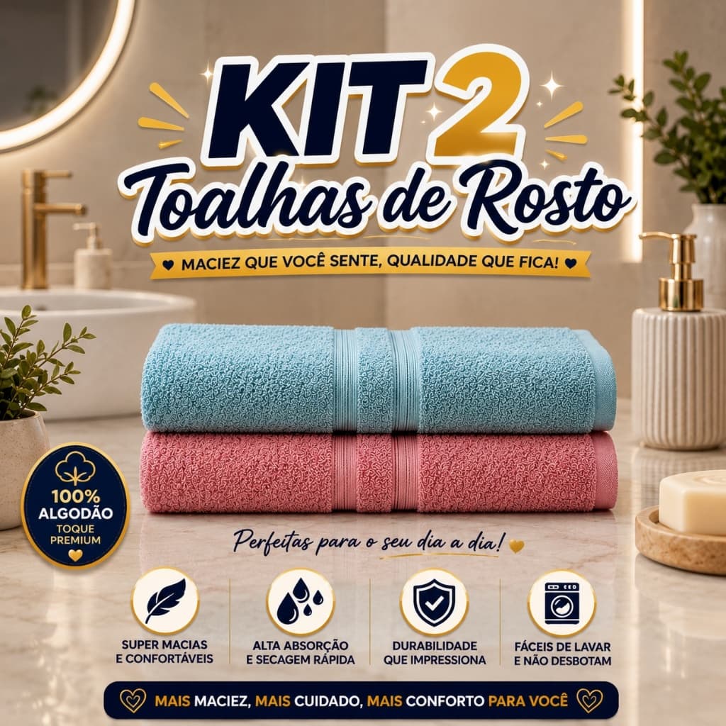 Kit 2 Toalhas de Rosto Lisboa Premium 45x80cm 100% Algodão Super Macia