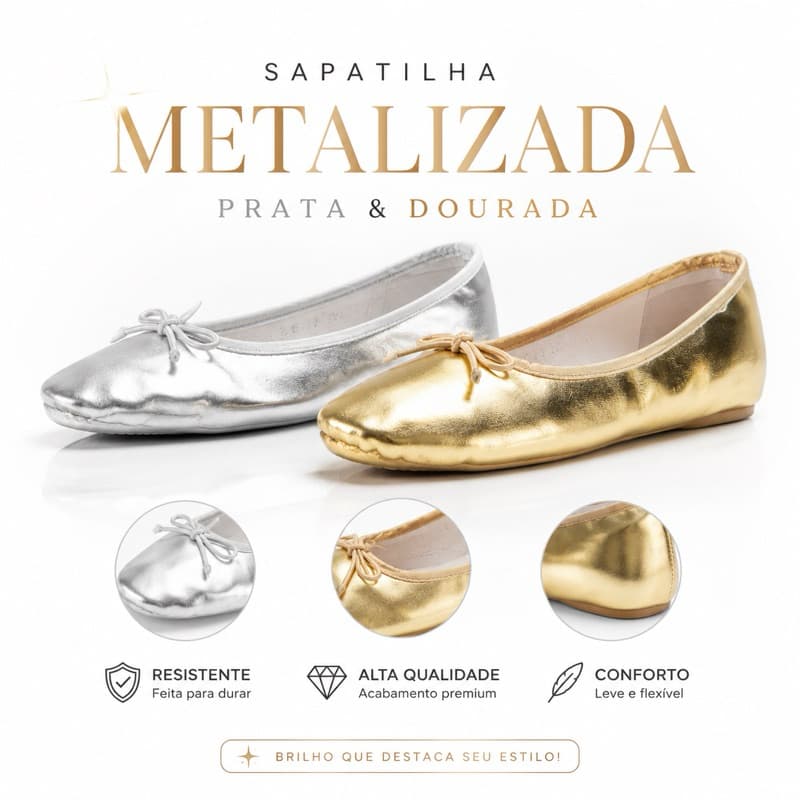 Sapatilha Metalizada Prata e dourada