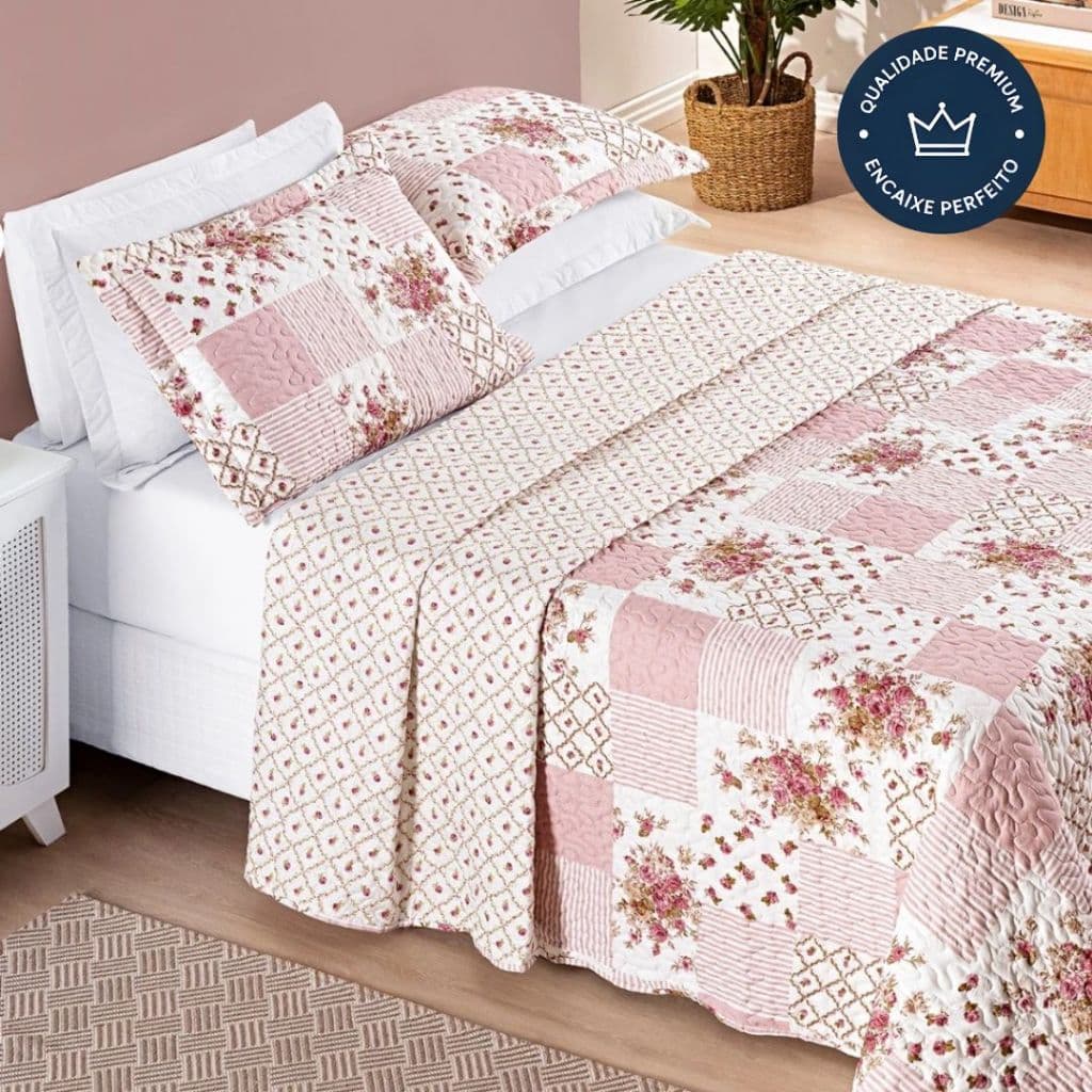 Colcha de Casal 03 Peças Bouti Cobre Leito Queen e King Estampado Dupla Face 100% Poliéster