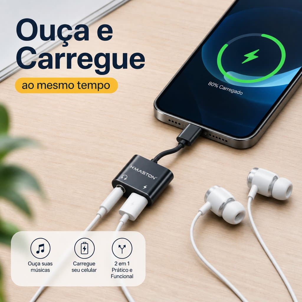 Adaptador H'MASTON 2 em 1 Tipo C Para Fone P2 e Carregador  Original