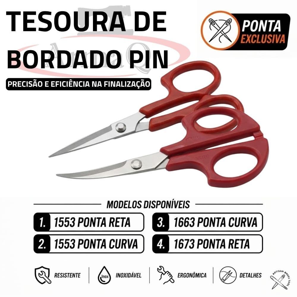 Tesoura de Bordado Ponta Curva ou Reta Lamina de Aço PIN