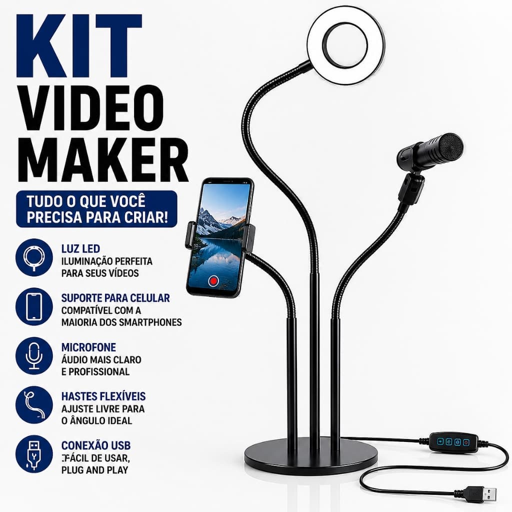 ILUMINADOR RING LIGHT Suporte Articulado Led Celular Flexível Mesa Usb Gravação Live Stream Podcast