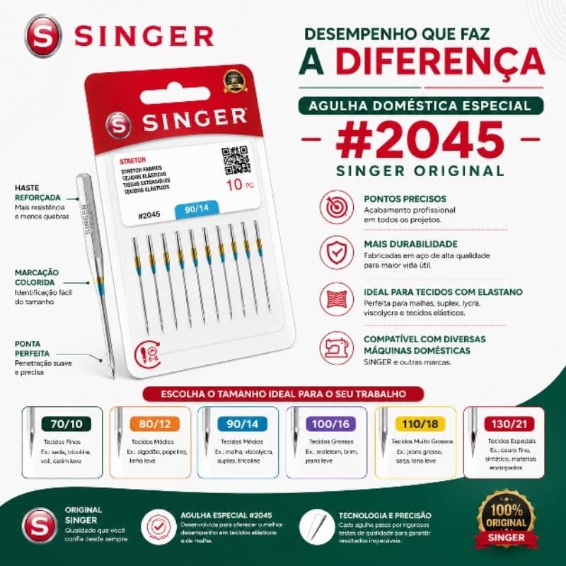 Agulha Singer Original #2045 – Tecidos Elásticos e Costura Perfeita blister 10un