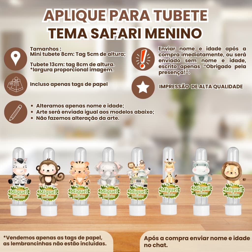 Apliques para Mini Tubete 8cm ou Tubete 13cm 3d Tema safari menino| Tag Personalizado com Nome e Idade aniversário