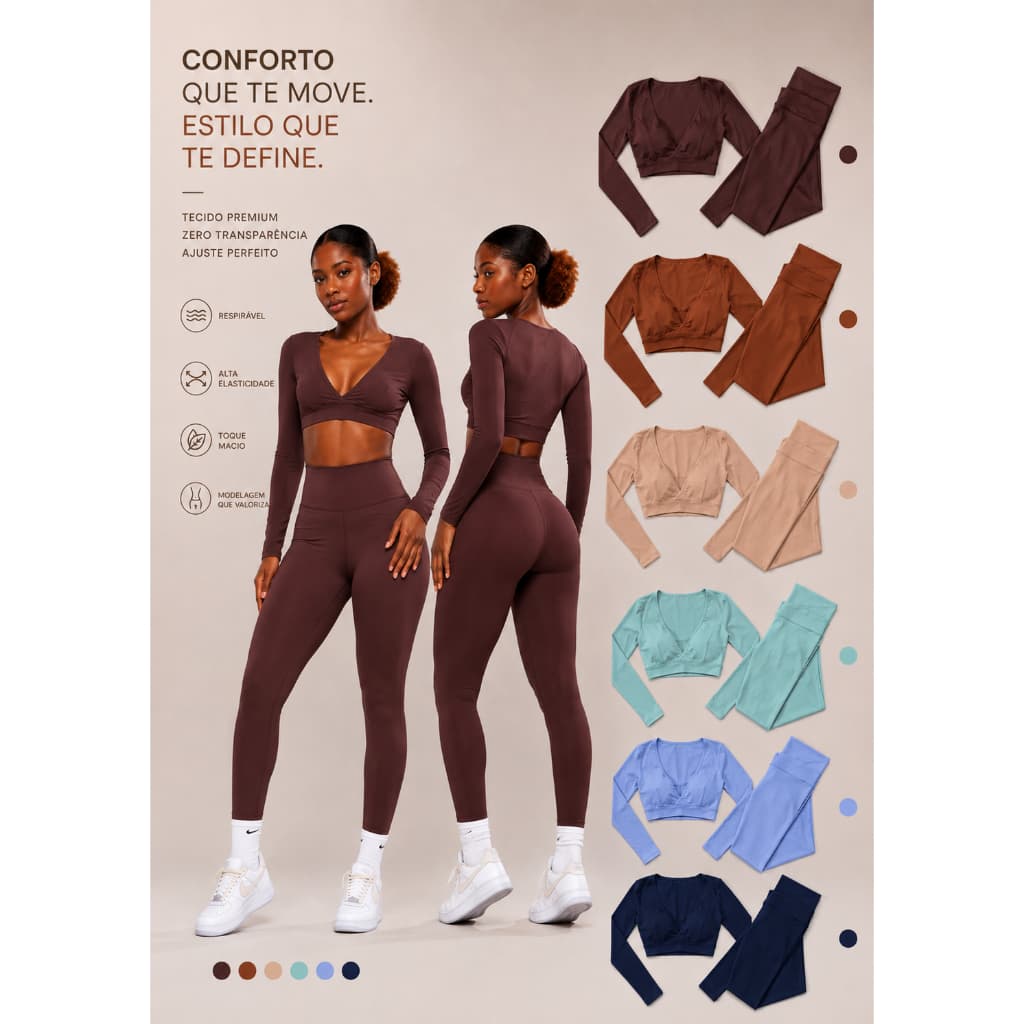 Conjunto Academia Feminino Manga Longa com Bojo cintura alta zero transparencia alta compressão