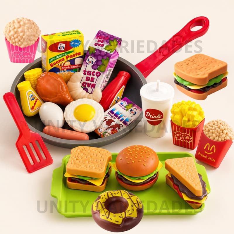 Kit Brinquedos Menino Menina 26 Pc Comidinha Panelinhas Mercadinho Hamburguer