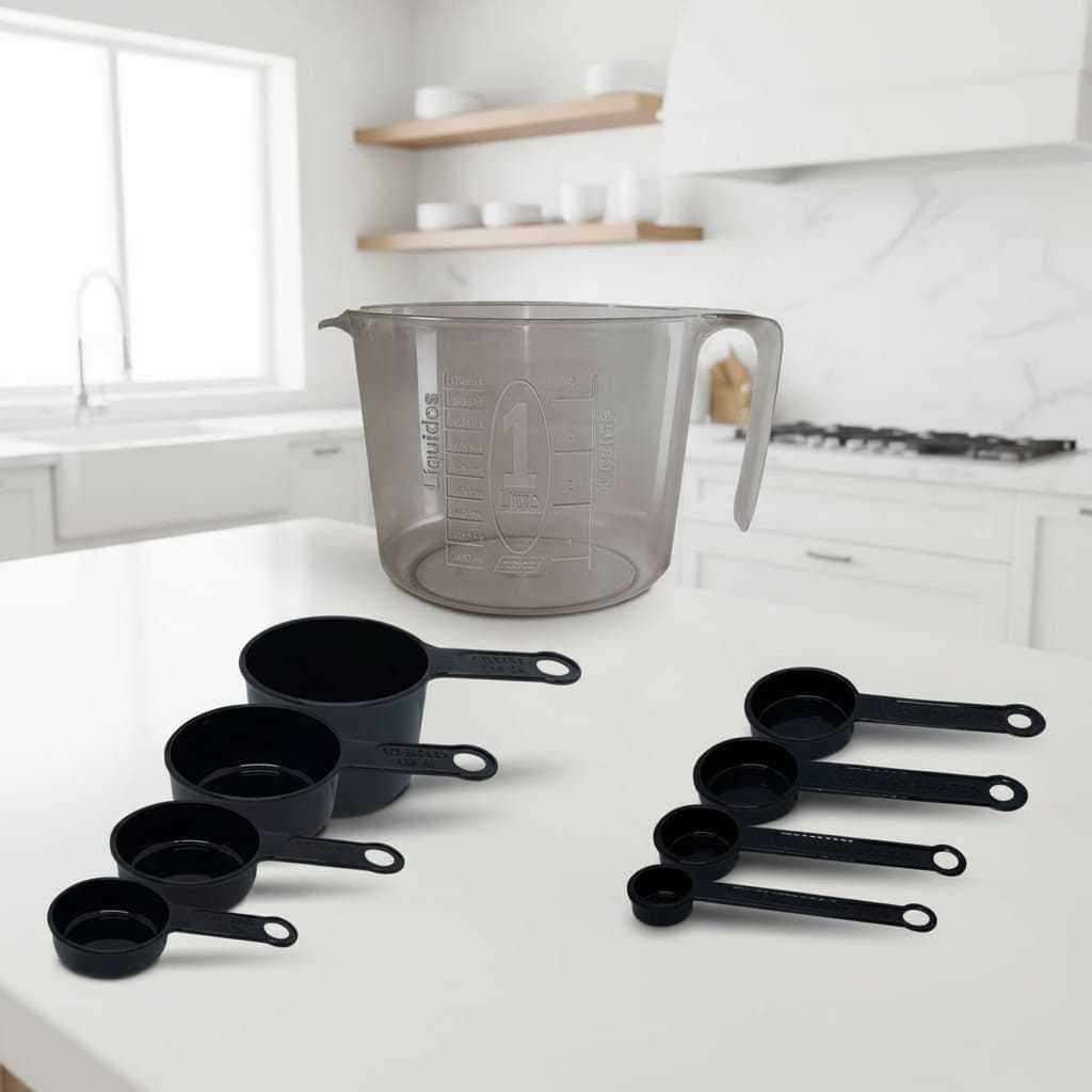 Kit Medidores Fumê e Preto Completo – Jarra 1 Litro + Xícaras e Colheres Medidoras para Cozinha