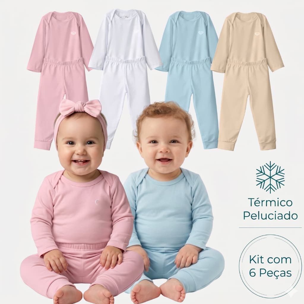 Kit 3 Conjunto Térmico Bebe 6 Peças Body + Calça Inverno Peluciado Nenem Recém Nascido ao 3