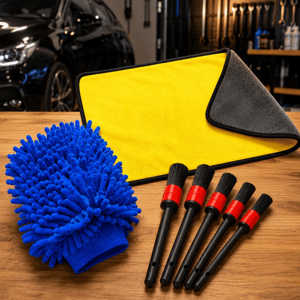 Kit Limpeza Automotiva 5 Pincéis Luva Microfibra Flanela 60x30Cm