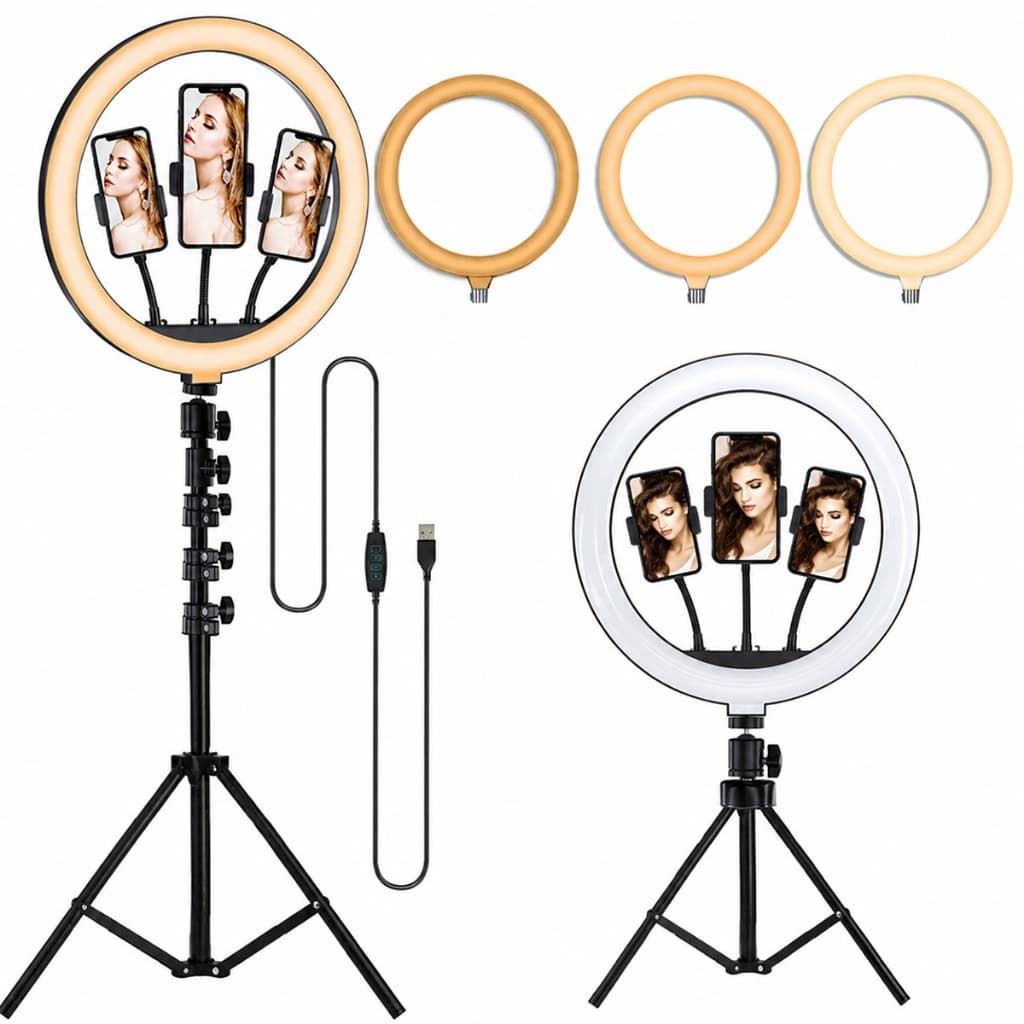 Ring Light 14 Polegadas Maior que 10", Suporta 3 Celulares, Tripé Ajustável, 3 Tons de Luz para Lives e Maquiagem