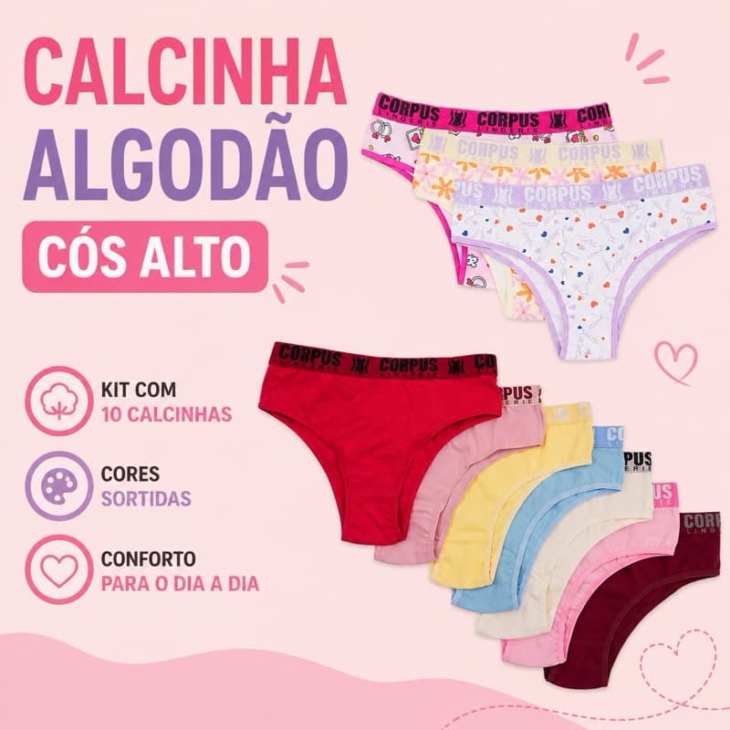 Kit Com 10 Calcinhas Adulto Algodão Cós Largo Elástico