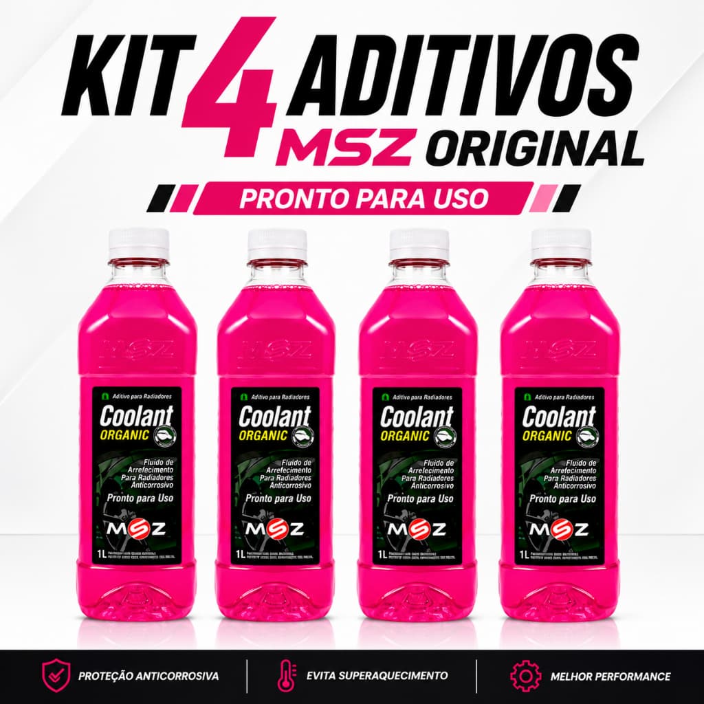 Kit 4 Aditivos MSZ Radiador Rosa 1L Pronto Uso Arrefecimento Anticorrosivo Evita Superaquecimento