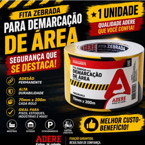 Fita Zebrada Sinalizadora Demarcação de Área Adere 70mm x 200m