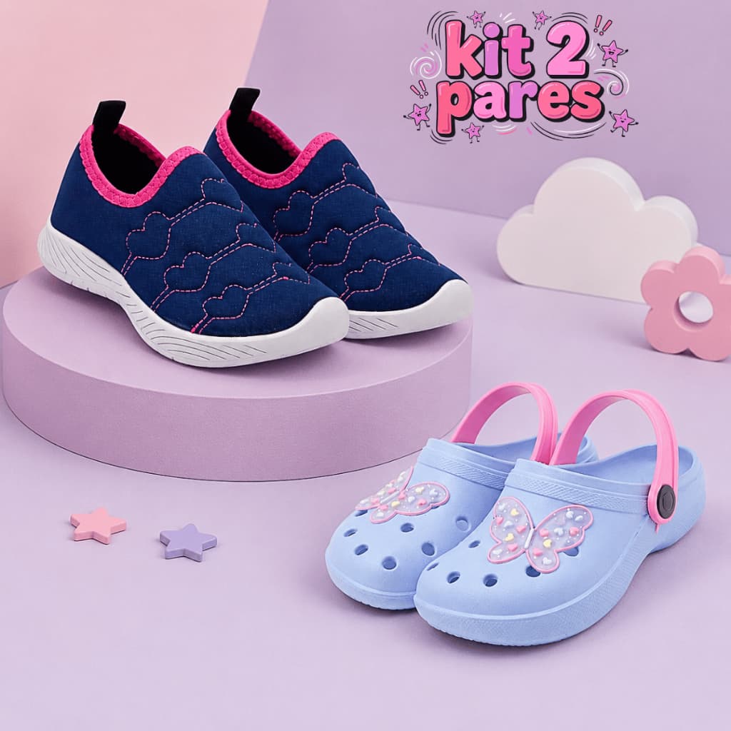 Kit Tênis Calce Fácil Infantil Feminino + Sandália Babuche Menina Leve