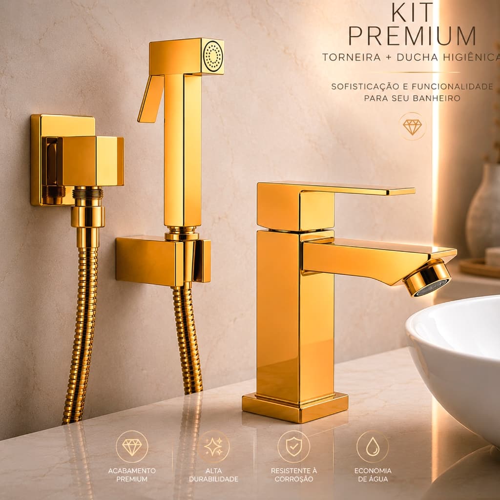 Kit Torneira Bancada Banheiro Luxo Moderna Em Metal Inox Dourada Lavabo + Ducha Higienica Completa