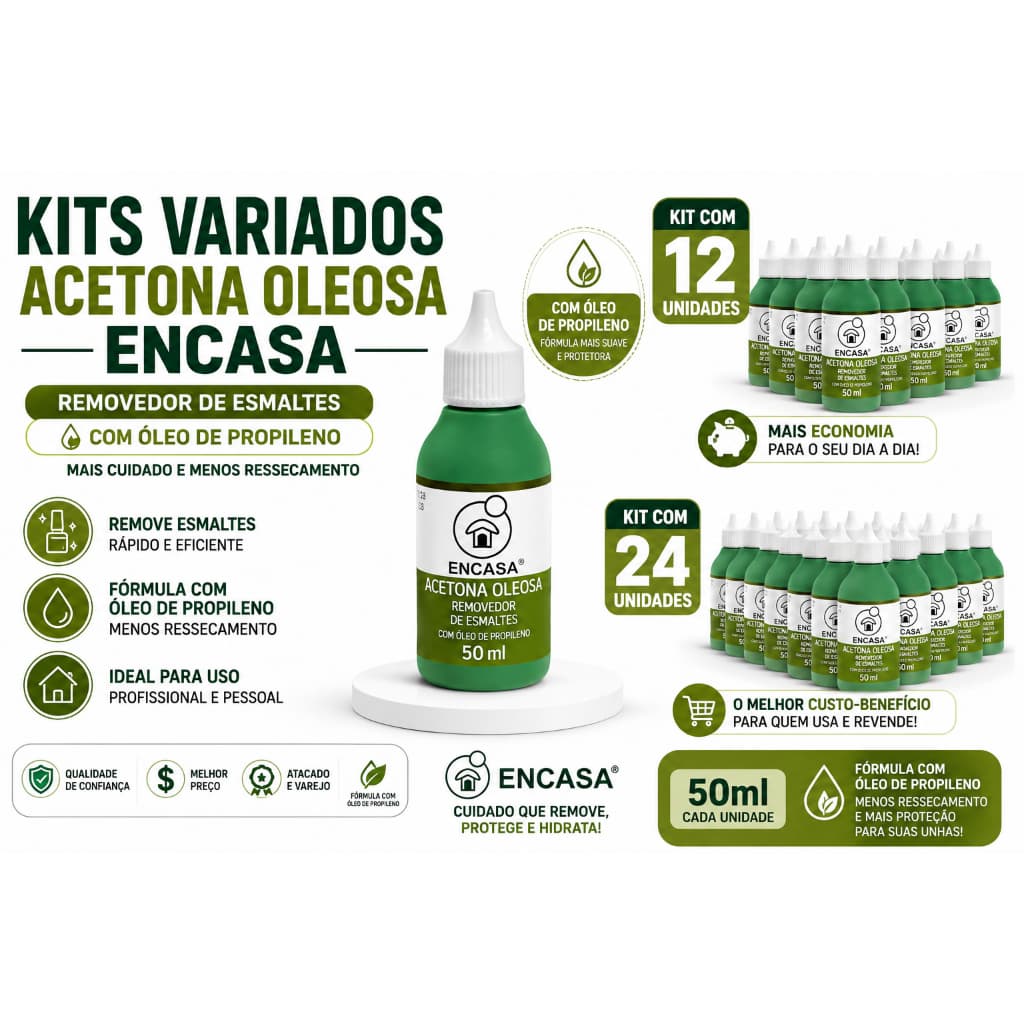 Removedor de esmalte encasa com acetona oleosa de 50ml kit com até 24 unidades fórmula hidratante