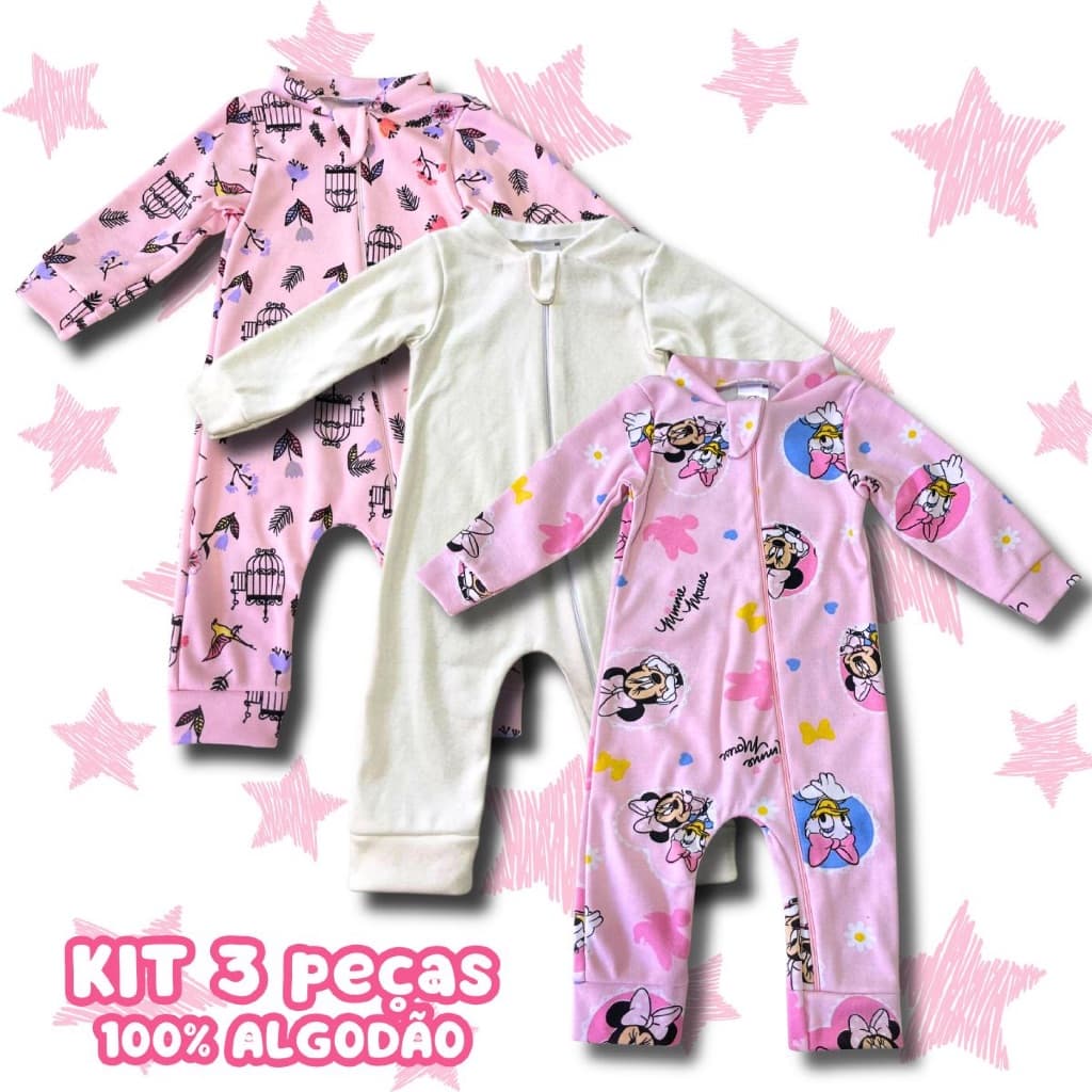 Kit 3 Macacões Bebê Menina Manga Longa Inverno Estampado Zíper Ftontal 100% Algodão
