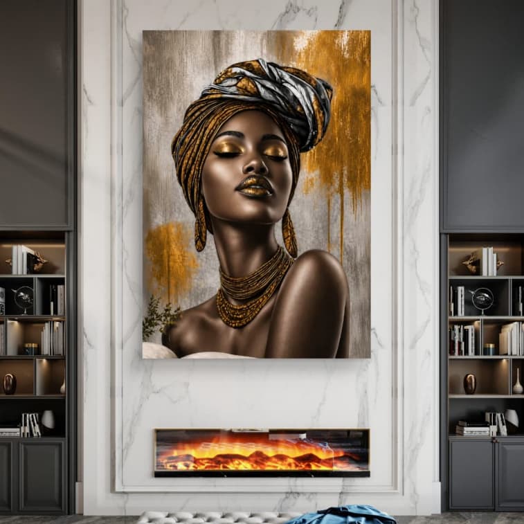 Quadro Decorativo Mulher Africana Negra Dourado Luxo Arte Moderna 3D Sala Quarto Escritório