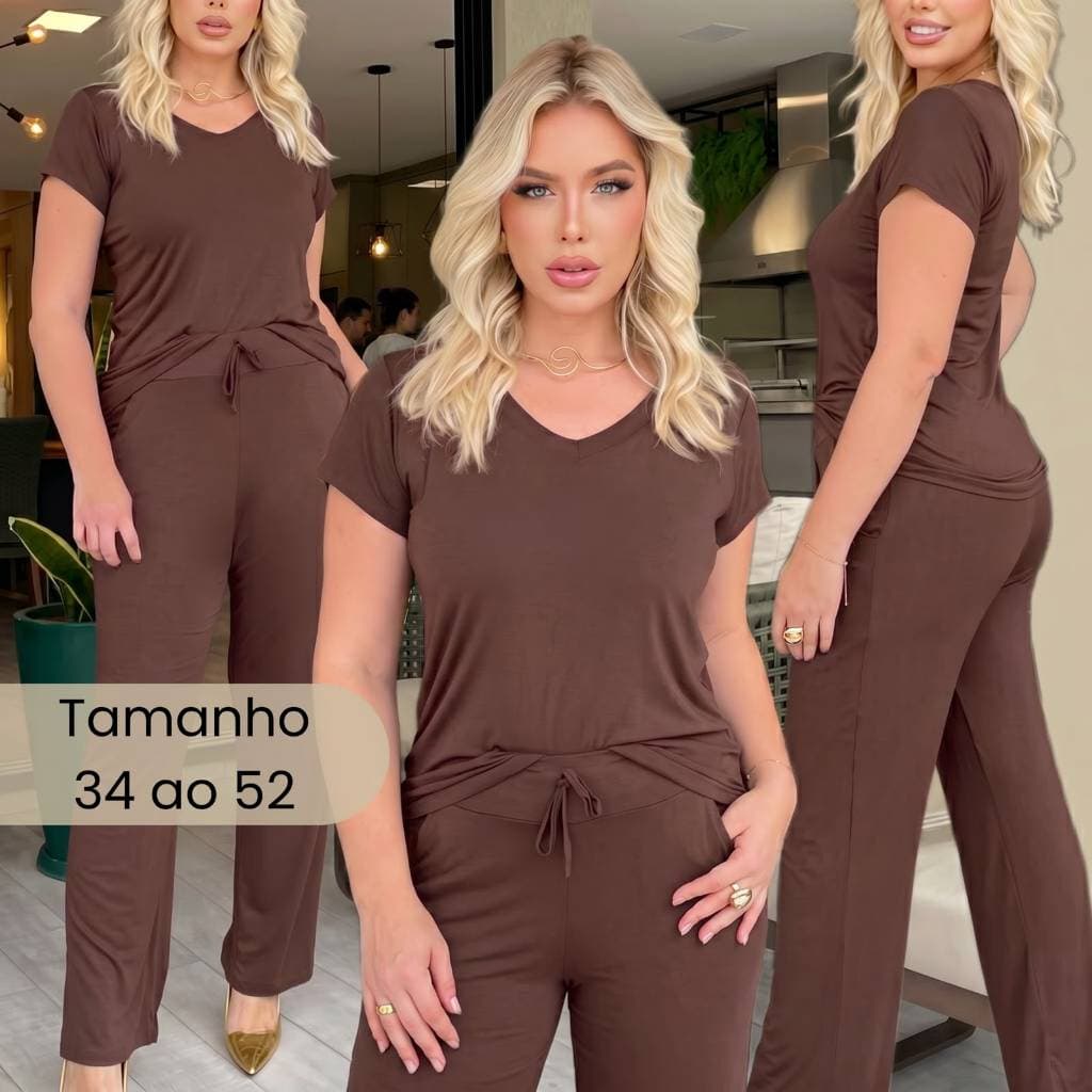 Conjunto Feminino Elastano Blusa Gola V e Calça Pantalona Viscolycra Premium