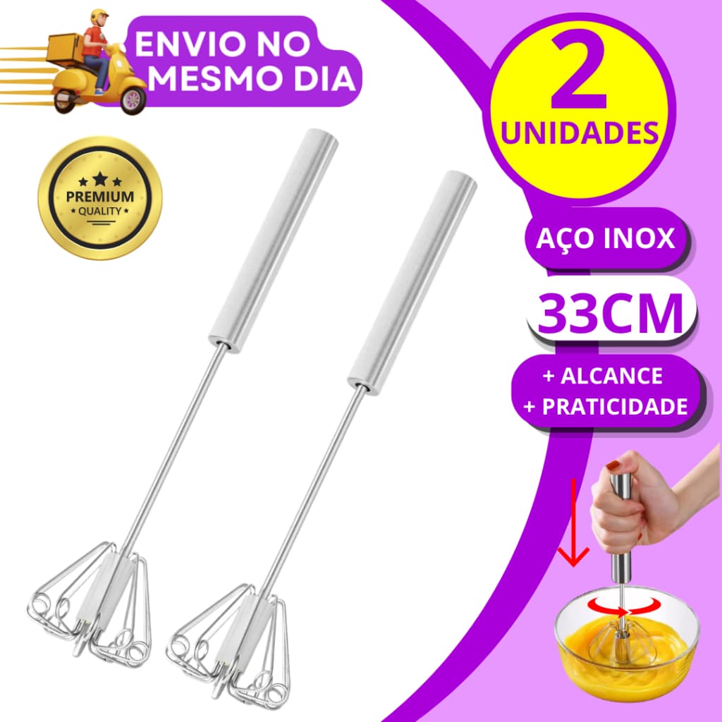 KIT 1 ou 2  Batedor de Ovos Claras Semi Automatico Aço Inox Fue Fuet Manual Mixer Profissional Multiuso